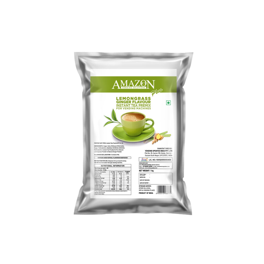 AMAZON Plus 3-in-1 Lemongrass Ginger  Tea Premix | Suitable for Vending Machines and Manual Use- Just Add Hot Water