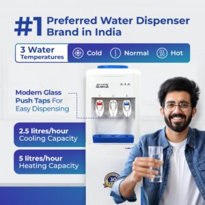 ATLANTIS SKY | 3 Taps - Hot, Normal & Cold Water Dispenser | Smart Glass Push-Pull Taps | 18L Cooling Cabinet | 1 Year Warranty | 2.5L/Hour Cooling Capacity Hover Image