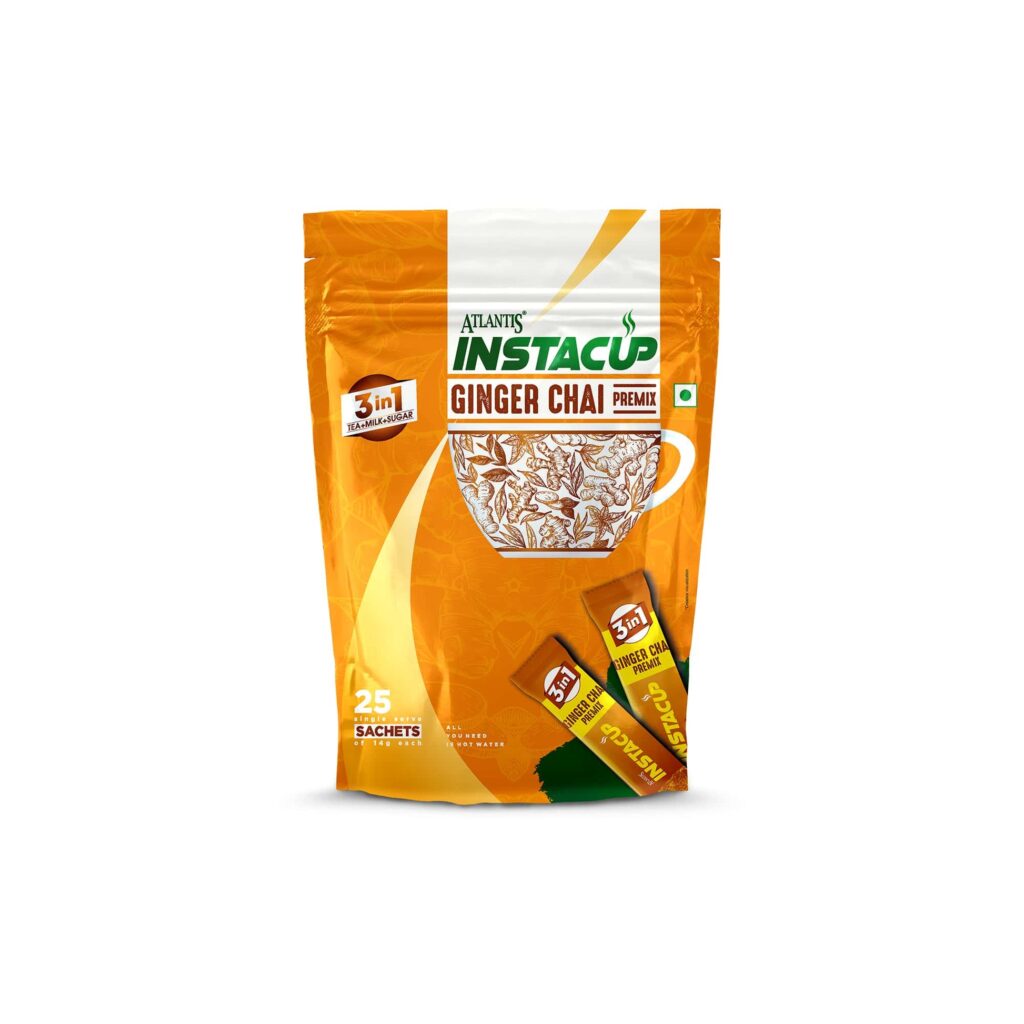 ATLANTIS INSTACUP 3-IN-1 Ginger Tea Premix Single Serve Sachets Pack | 25 Sachets X 14 Grams Pouch Pack | Just Add Hot Water & Stir